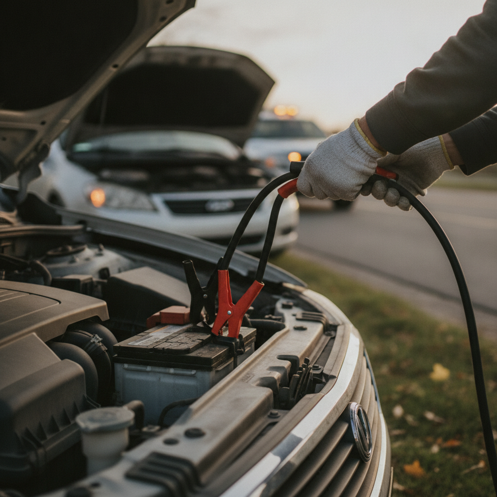 close-up photo of a technician's hands doing jump starts along the road